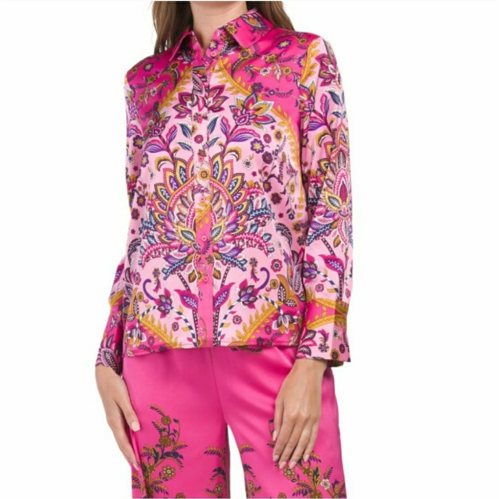 RACHEL ZOE Pink/Gold Drop Shoulder Long Sleeve Shirt With Button Closure